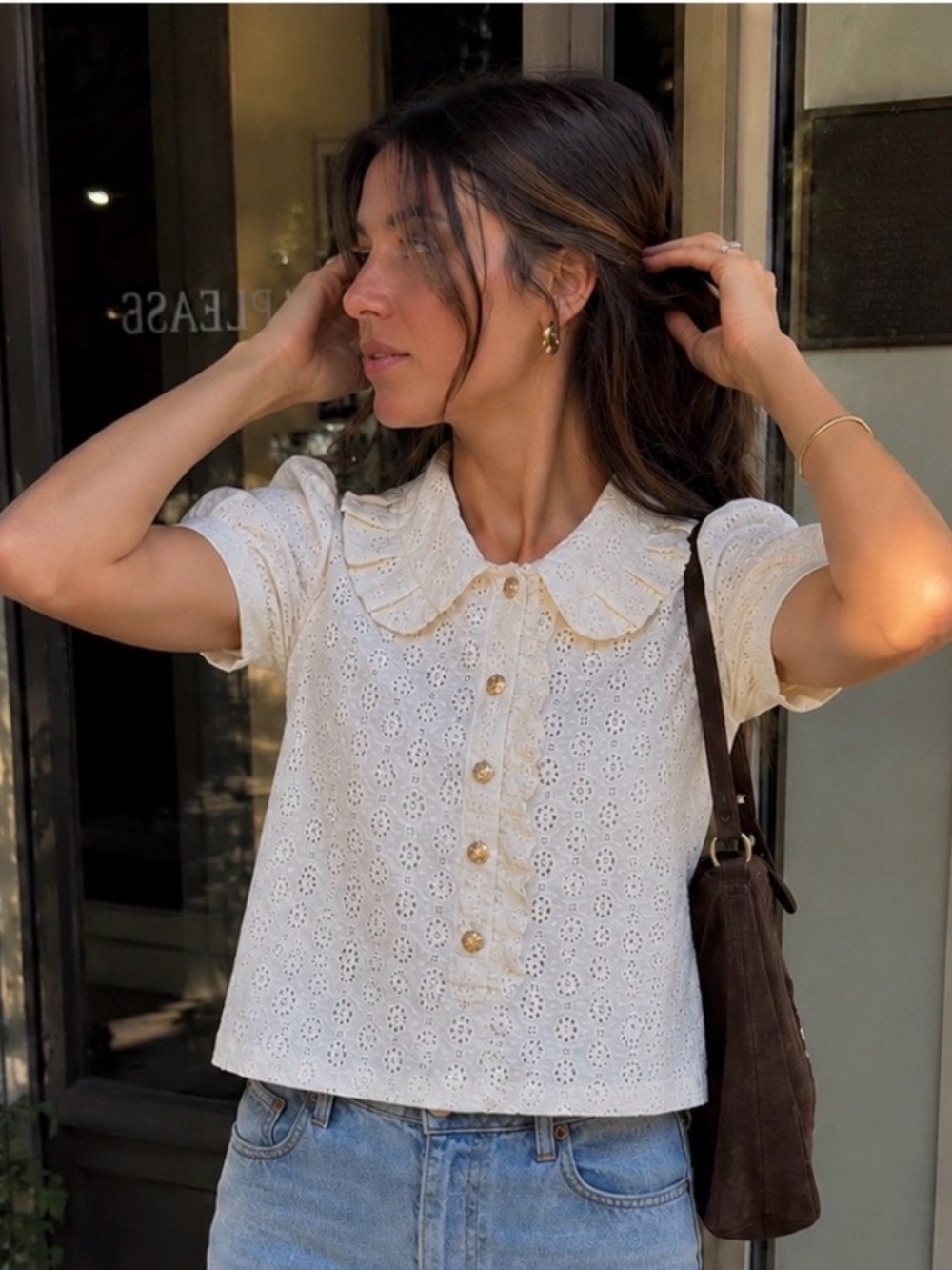 Vintage Juicy Couture Silk Cotton Eyelet Crop Blouse Top Size 2 XS Cream